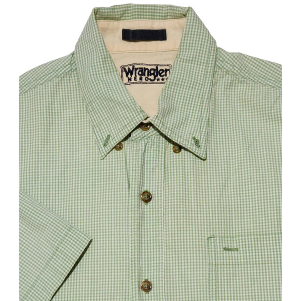 Wrangler Hero Mens Short‎ Sleeve Button Down L Lime Green Checker Plaid Cotton
